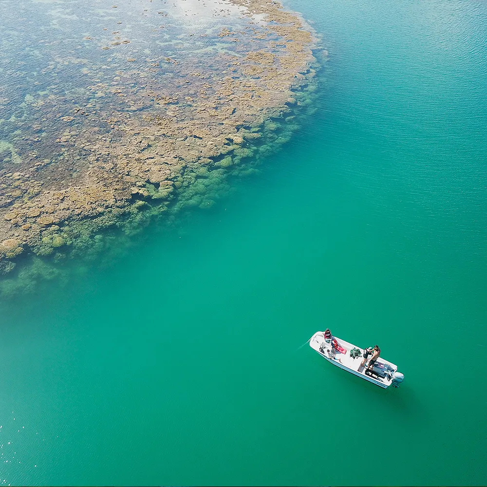 himb-splashweek-2025-remotesensing A small boat with three researchers approaching a brown coral reef in turquoise waters.